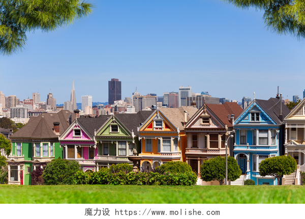 蓝天下的欧式建筑和草地San Francisco 天际线和彩绘仕女